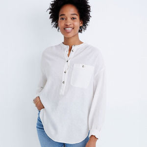 Madewell White Linen-Blend Long Sleeve Half Button Down Popover Tunic